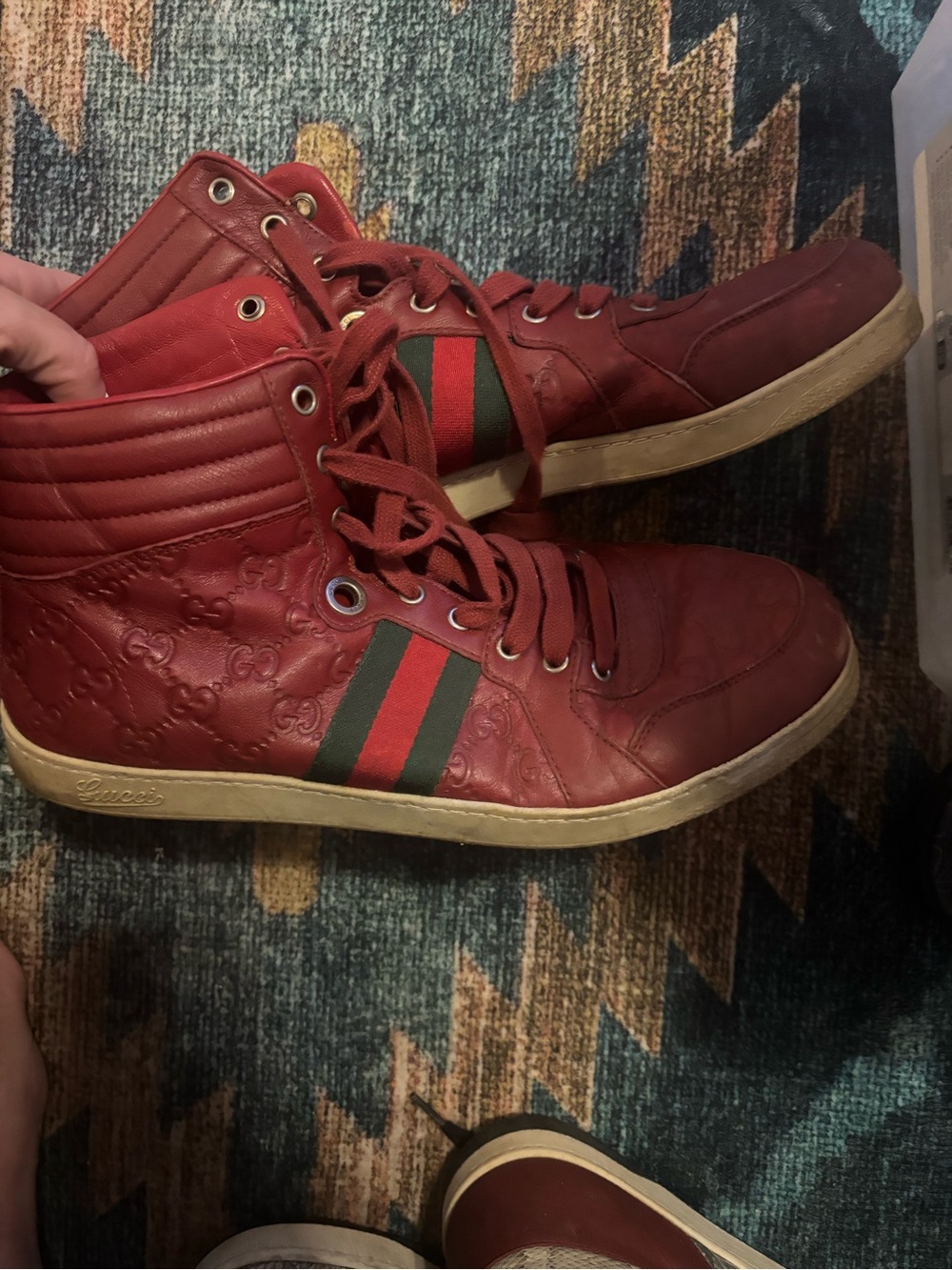 Gucci Red High-Top Sneakers with Green-Red Web Stripe